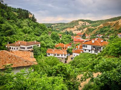 Image from Melnik region with vineyards, village and surrounding mountains